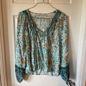 Miss Sparkling Blouse Women’s Size Large Hippie Boho Peasant Floral V Neck Light